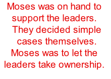 Moses was on hand to support the leaders. They decided simple cases themselves. Moses was to let the leaders take ownership.